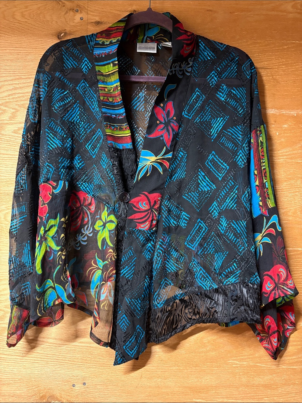 Chico's Black Bohemian Top with Teal, Red & Lime Floral Accents